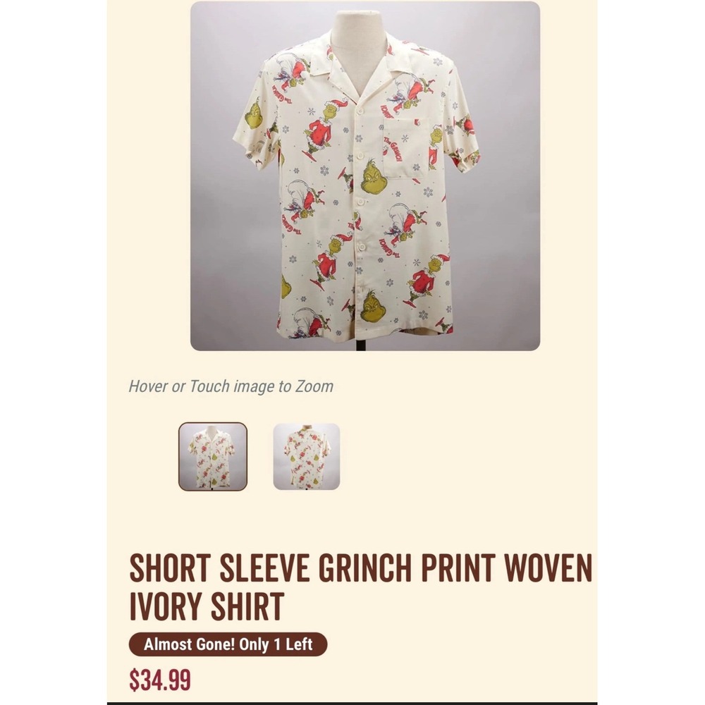 The Grinch All‎ Over Print Short Sleeve Button Up Shirt Men's XXL Christmas
